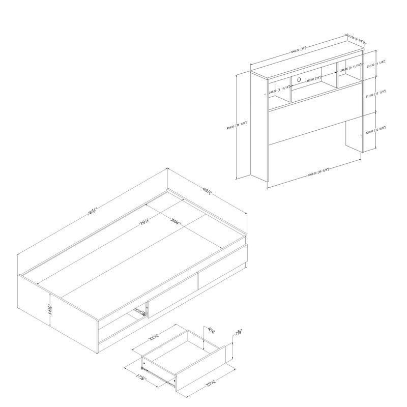 White Twin Platform Bed with Storage and Bookcase Headboard