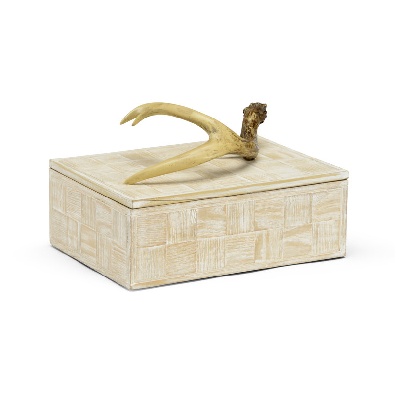 Whitewashed Rustic Antler Wooden Lidded Box 6.5" x 10.25"