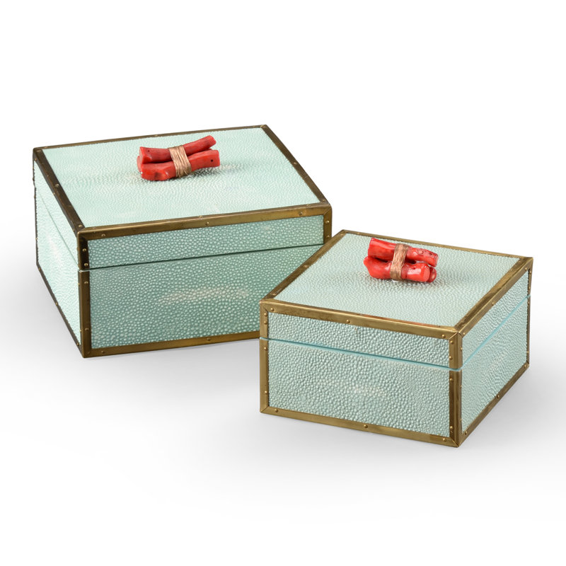Sea Mist Blue Faux Shagreen Coastal Boxes with Antique Brass Trim