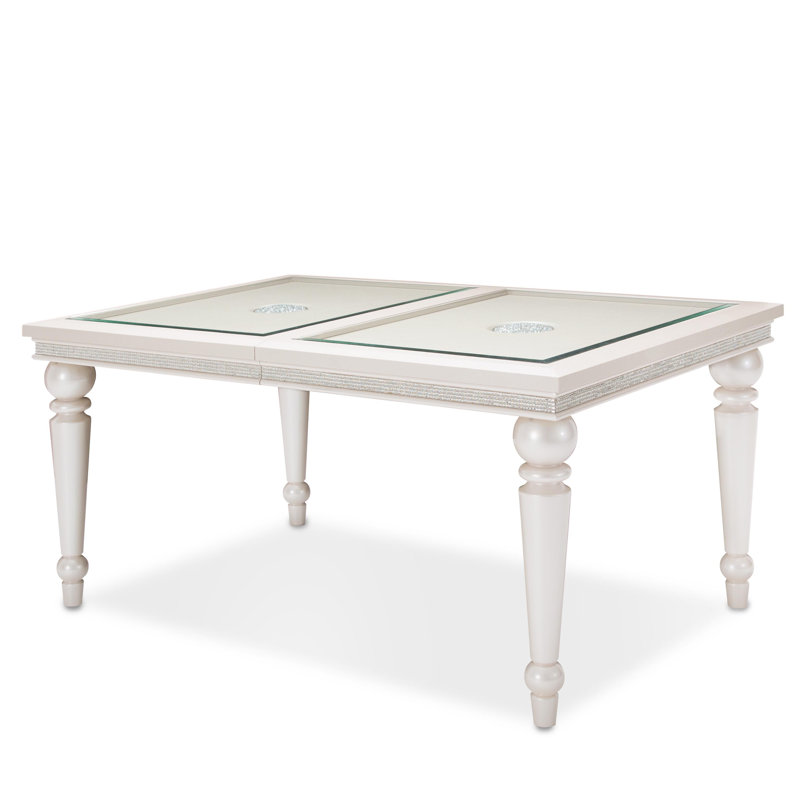 Ivory Extendable Glass Top Dining Table with Wood Accents