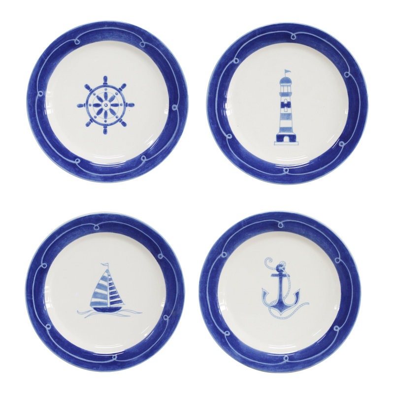 Nautical Blue and White Ceramic Salad Plates Set
