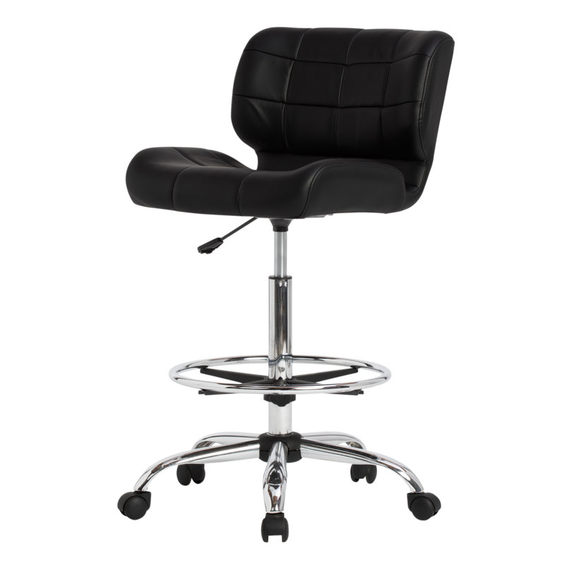 Modern Black Vinyl and Chrome Drafting Swivel Chair with Footrest