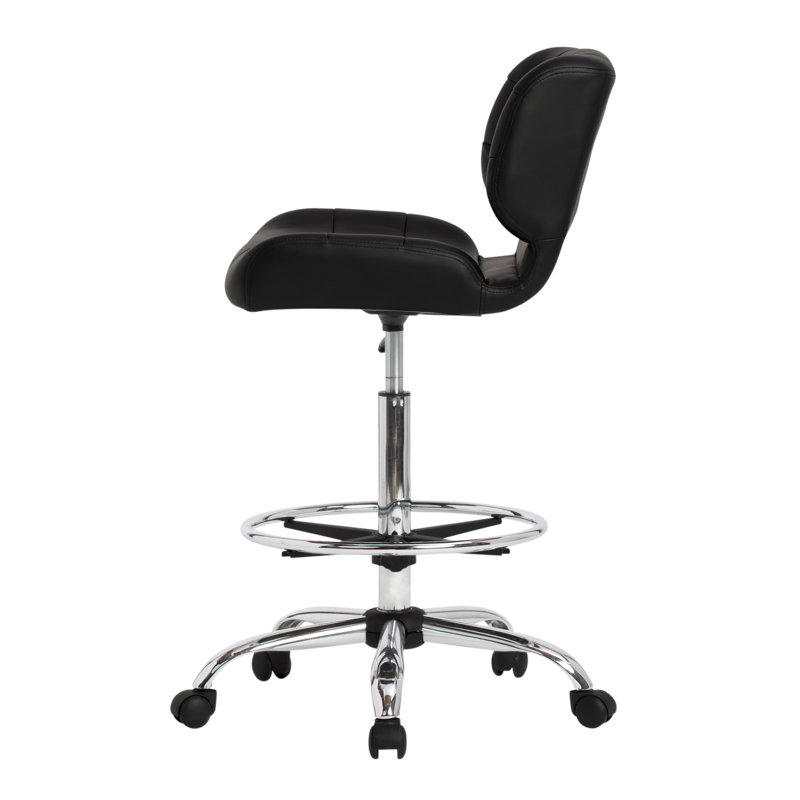 Modern Black Vinyl and Chrome Drafting Swivel Chair with Footrest