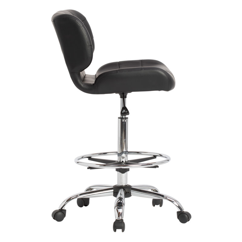 Modern Black Vinyl and Chrome Drafting Swivel Chair with Footrest