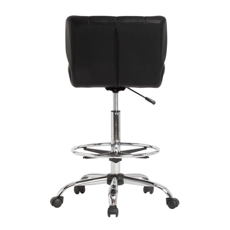 Modern Black Vinyl and Chrome Drafting Swivel Chair with Footrest