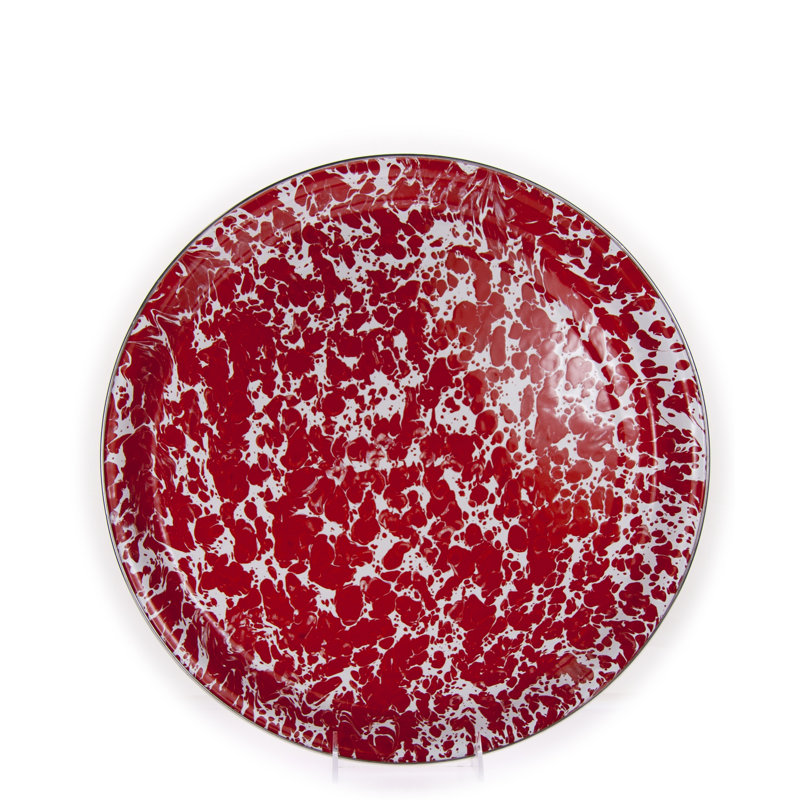 White Circular Enamel Tray with Stainless Steel Accents