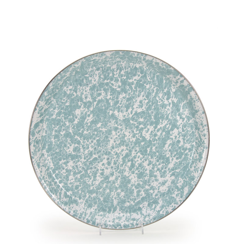 White Circular Enamel Tray with Stainless Steel Accents