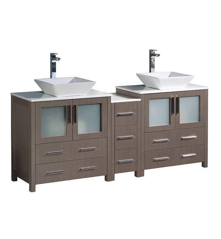 Gray Oak 72" Double Vessel Sink Freestanding Vanity with Man-made Stone Top