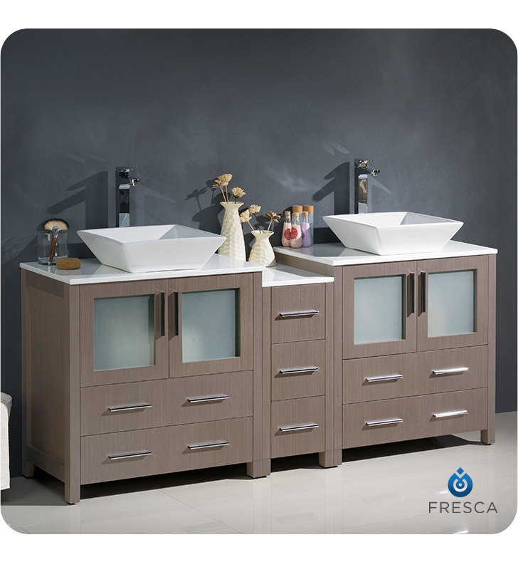 Gray Oak 72" Double Vessel Sink Freestanding Vanity with Man-made Stone Top