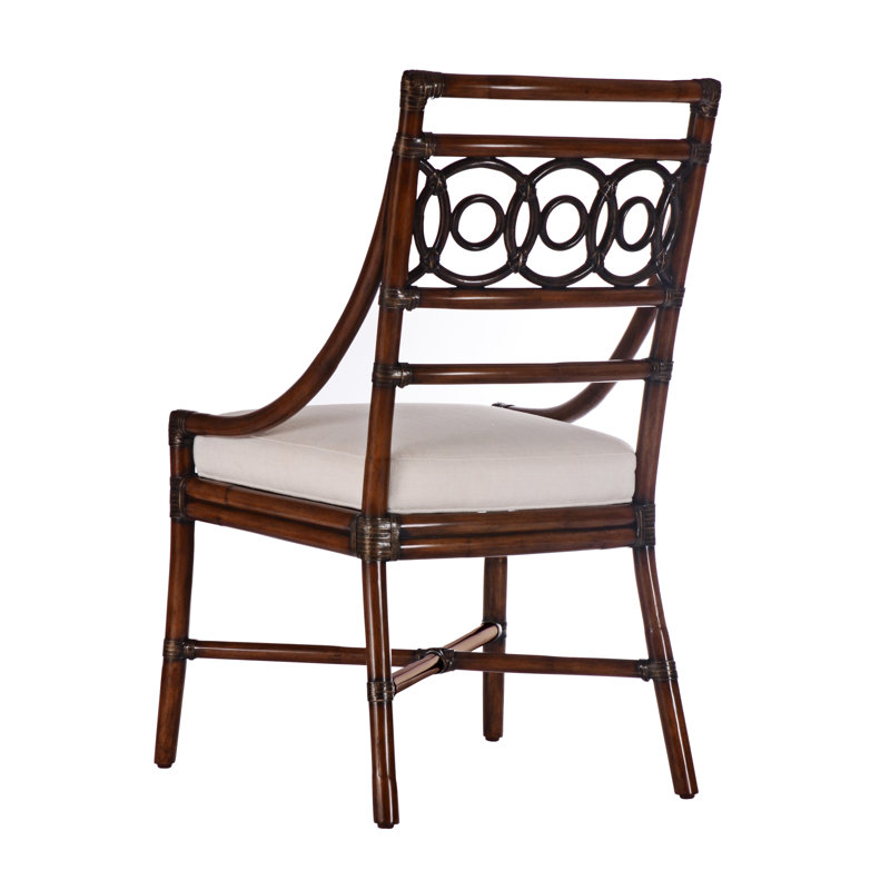 Ebonized Black Rattan Ladderback Side Chair with Linen Upholstery