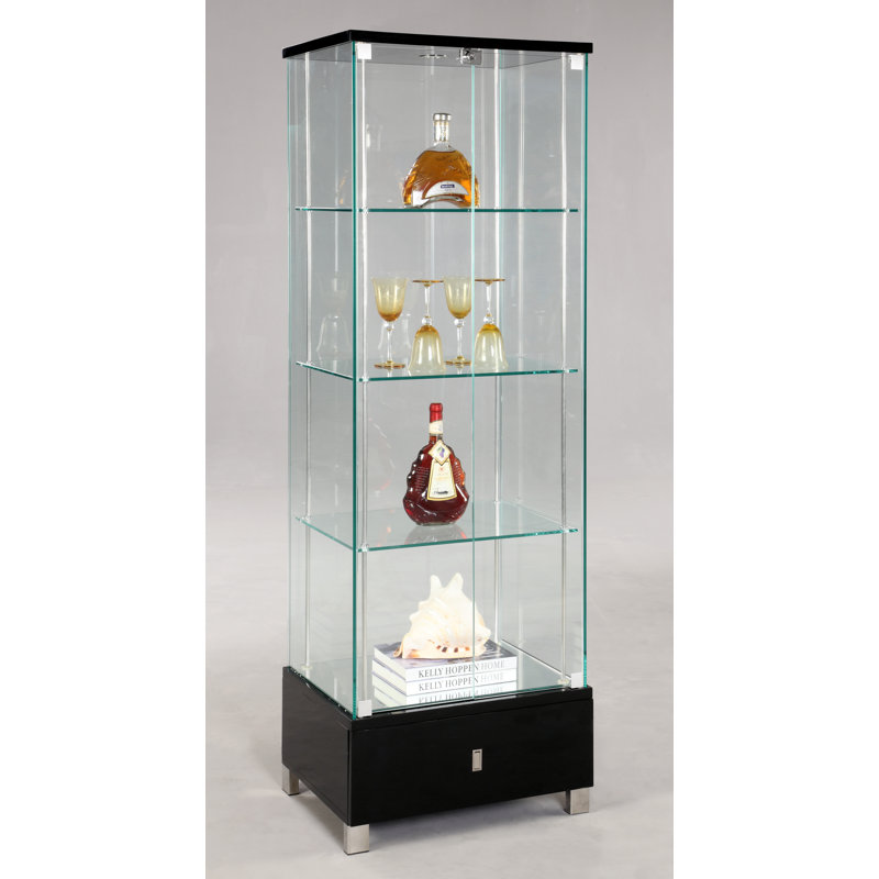 Tall Black Glass Lighted Curio Cabinet with Stainless Steel Accents