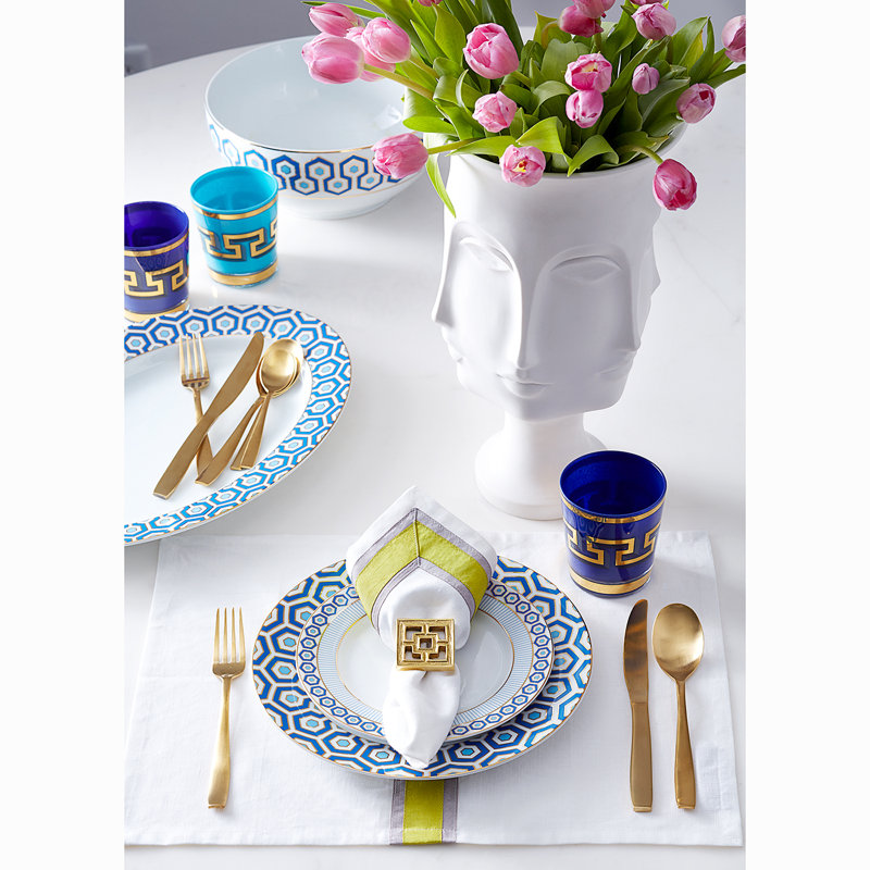 Blue and Gold Hexagon Pattern Oval Porcelain Platter