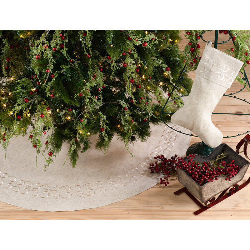 Natural Linen Embroidered Round Christmas Tree Skirt