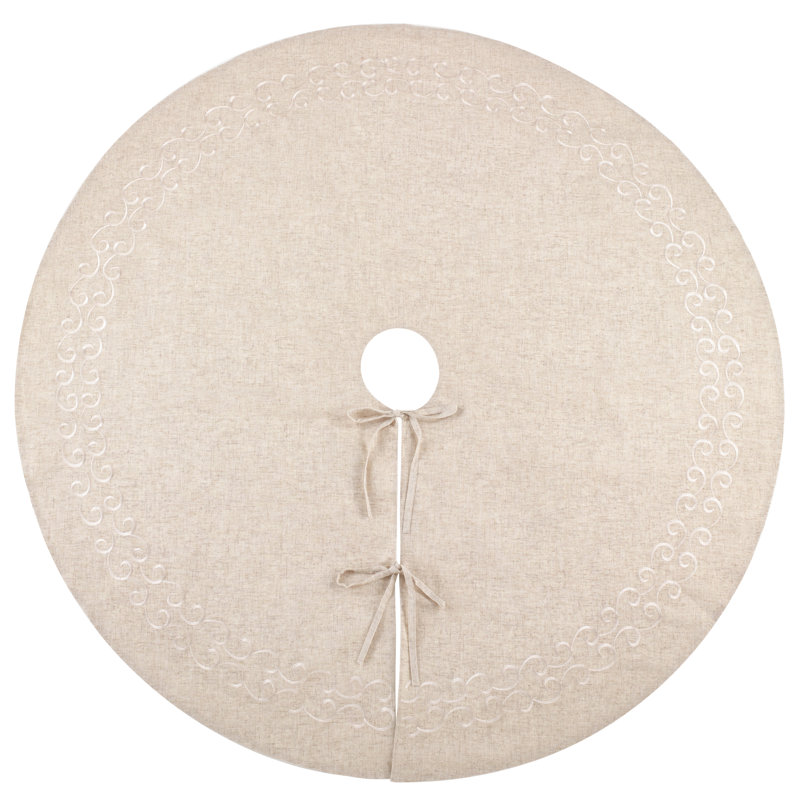 Natural Linen Embroidered Round Christmas Tree Skirt