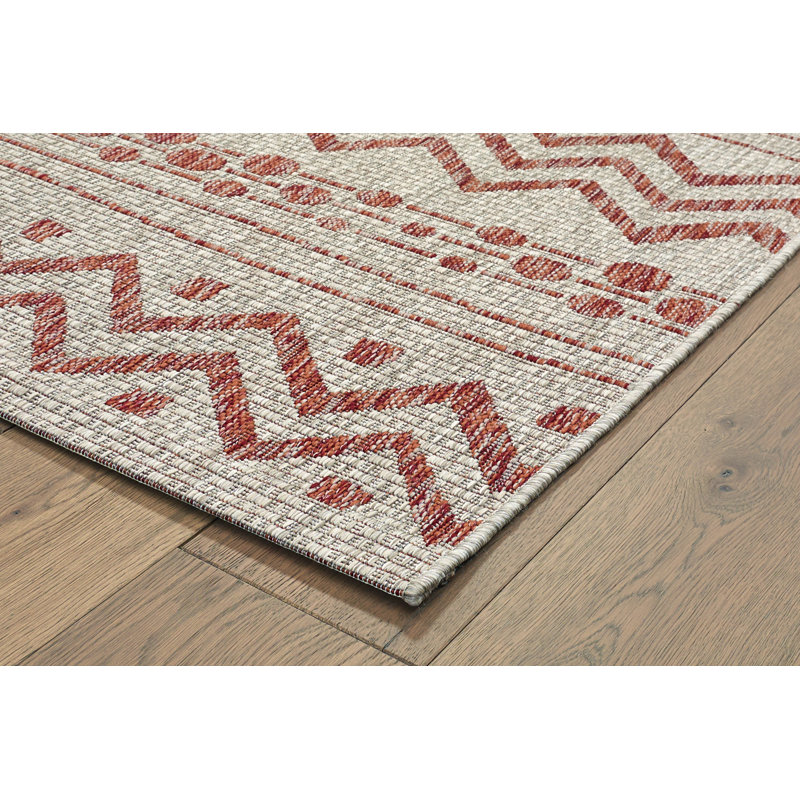 Sunshower Chevron Red & Beige 1'10" x 3' Synthetic Indoor/Outdoor Rug