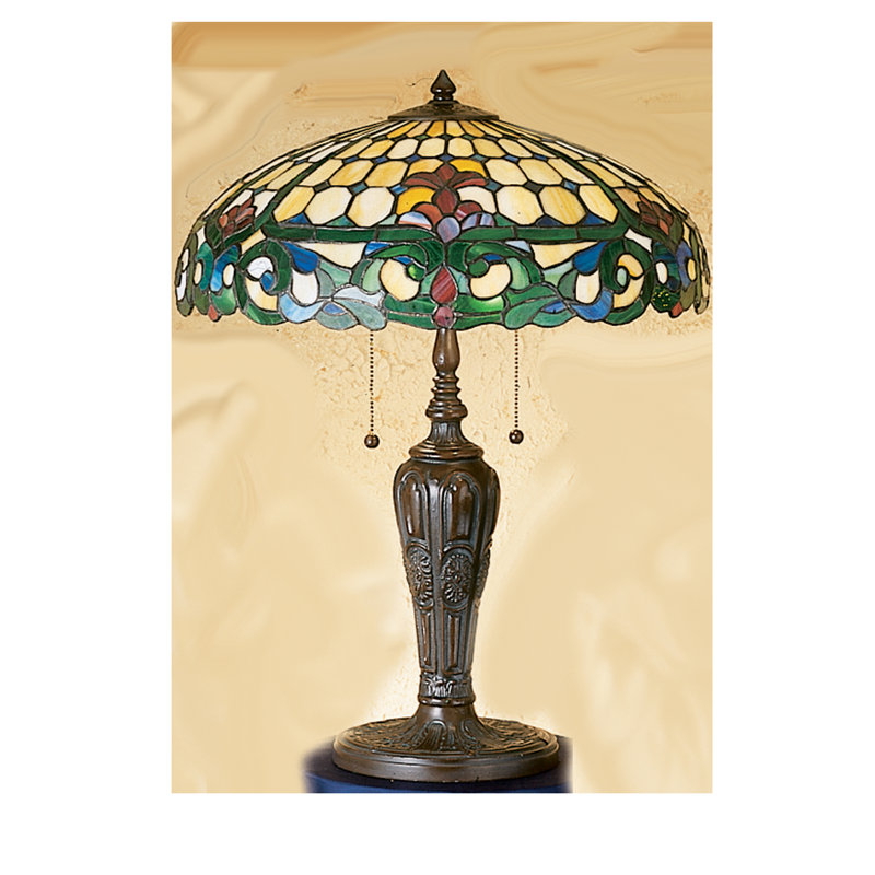 Emerald and Sea Blue Stained Glass 2-Light Colonial Table Lamp