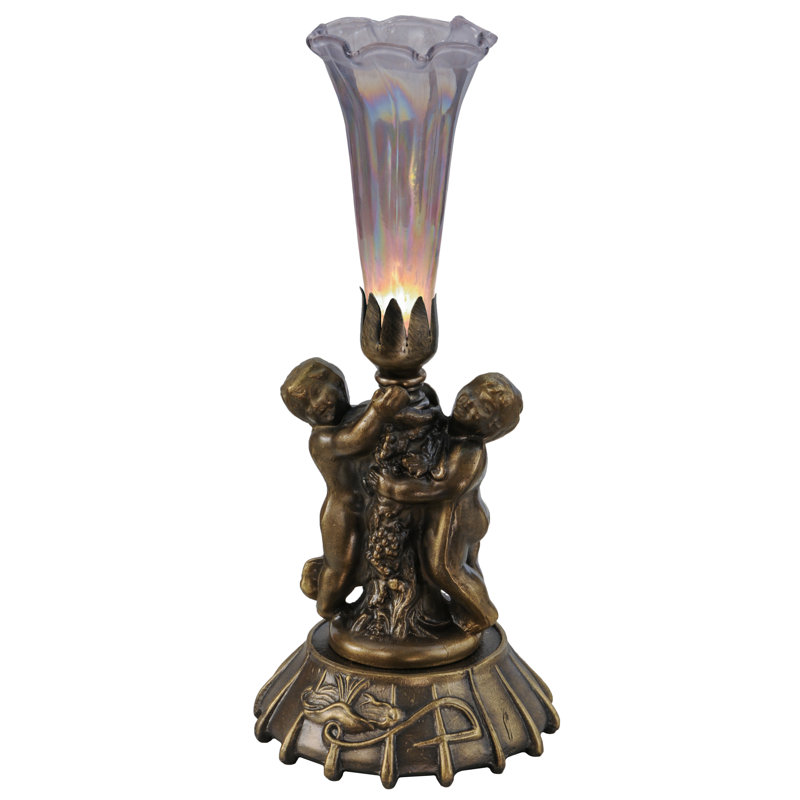 Purple Iridescent Glass and Bronze Cherub Table Lamp