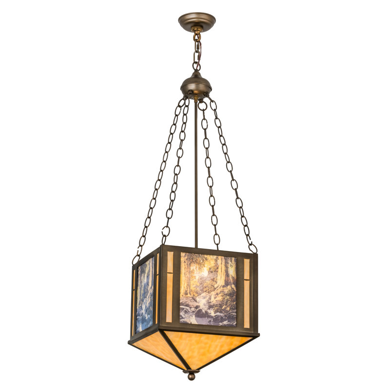 Antique Copper and Beige Glass Geometric Chandelier