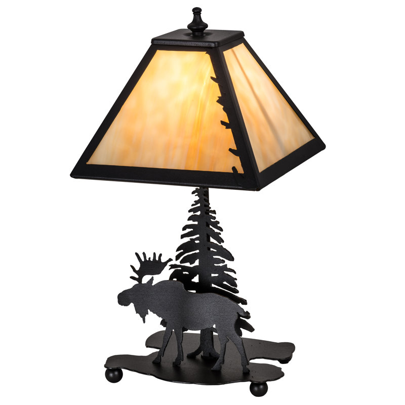 Rustic Black Moose Table Lamp with Stained Glass Shade