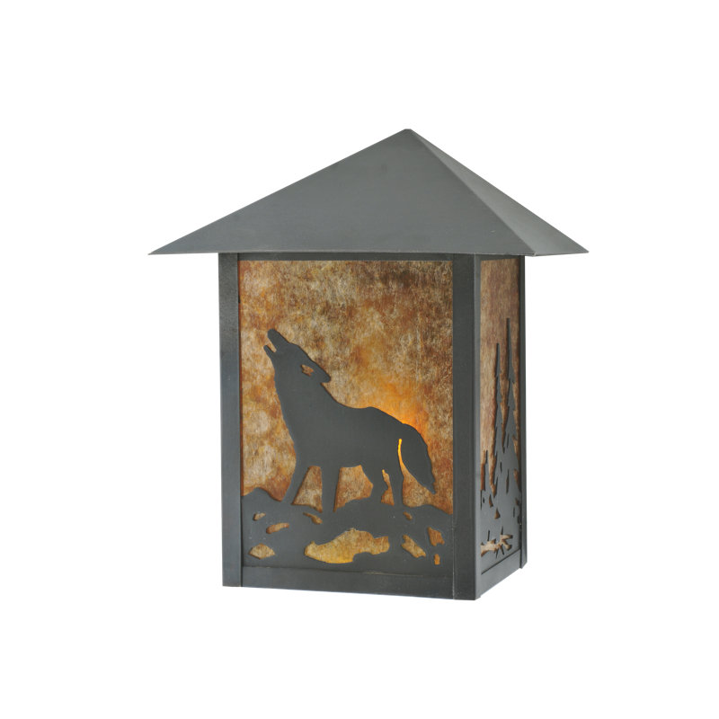Rustic Black Wolf Outdoor Wall Sconce with Amber Glass