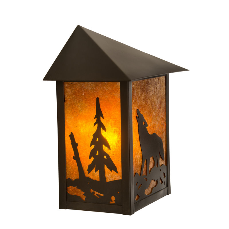 Rustic Black Wolf Outdoor Wall Sconce with Amber Glass