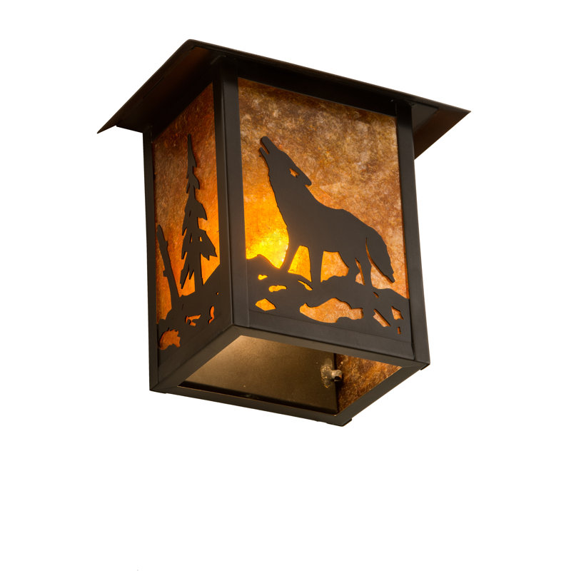 Rustic Black Wolf Outdoor Wall Sconce with Amber Glass