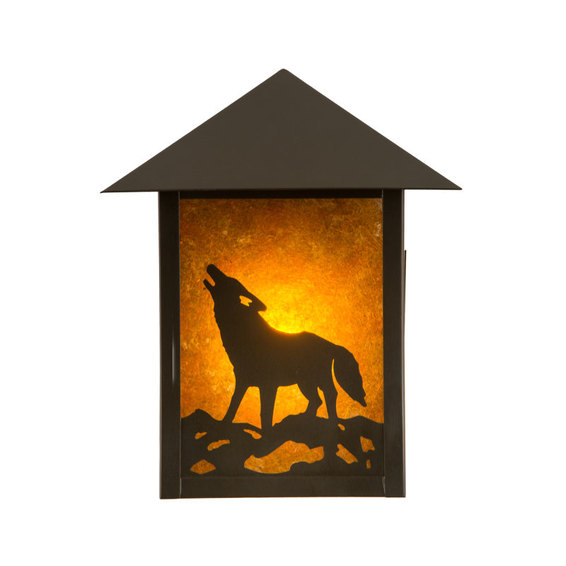Rustic Black Wolf Outdoor Wall Sconce with Amber Glass