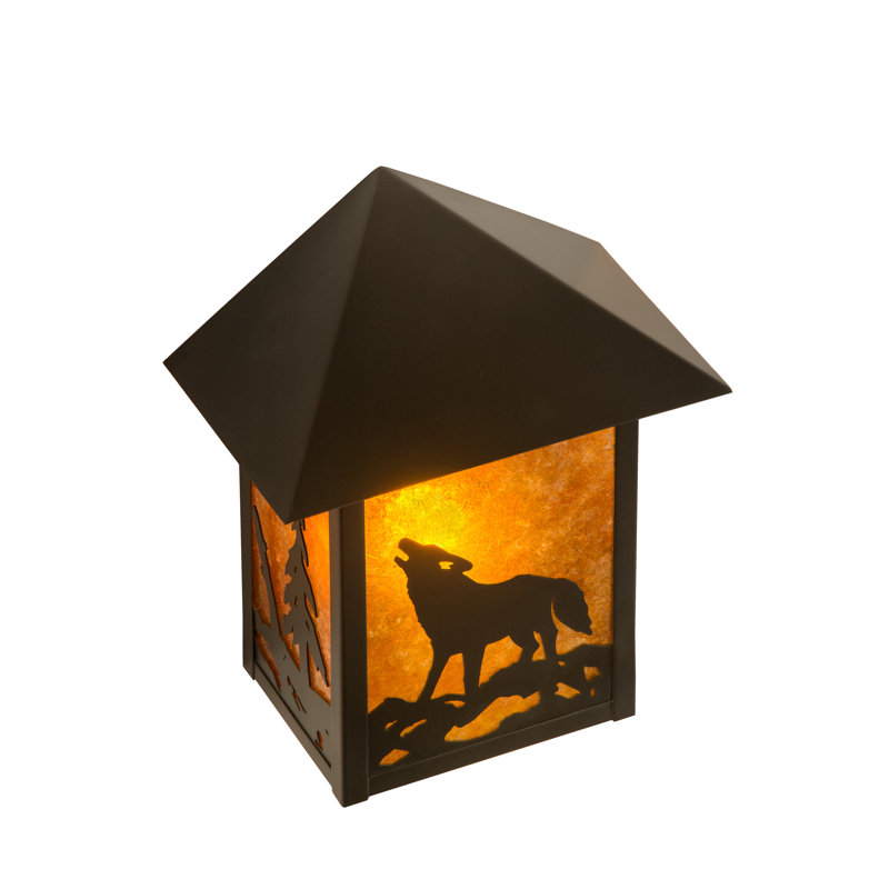 Rustic Black Wolf Outdoor Wall Sconce with Amber Glass