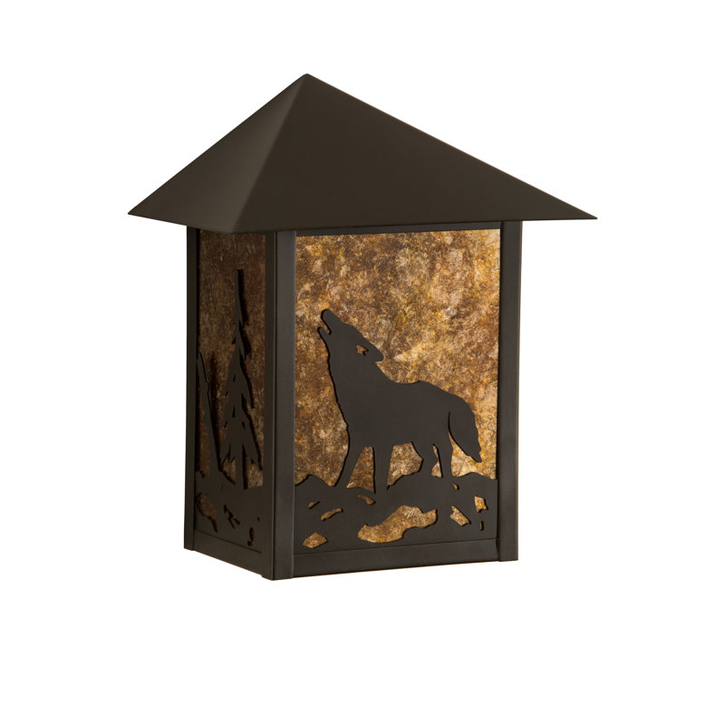 Rustic Black Wolf Outdoor Wall Sconce with Amber Glass