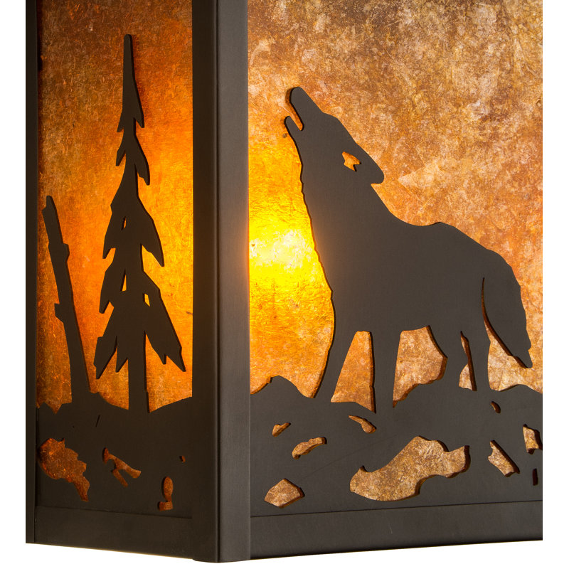 Rustic Black Wolf Outdoor Wall Sconce with Amber Glass