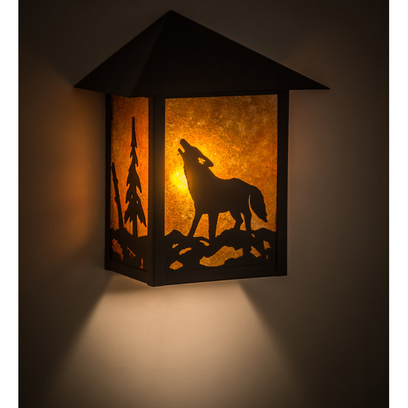 Rustic Black Wolf Outdoor Wall Sconce with Amber Glass
