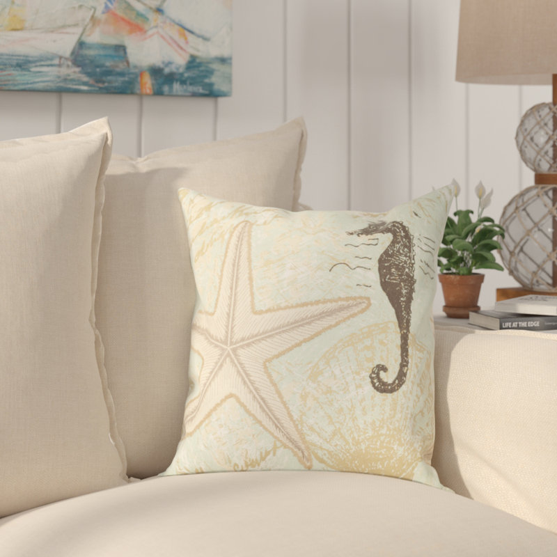 Seafoam and Beige Embroidered Linen Coastal Throw Pillow Set