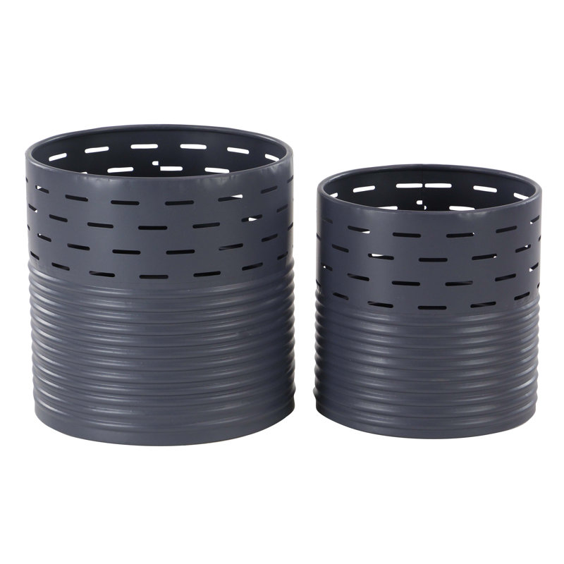 Acres 13" Black Iron Cylindrical Planter with Linear Cutouts