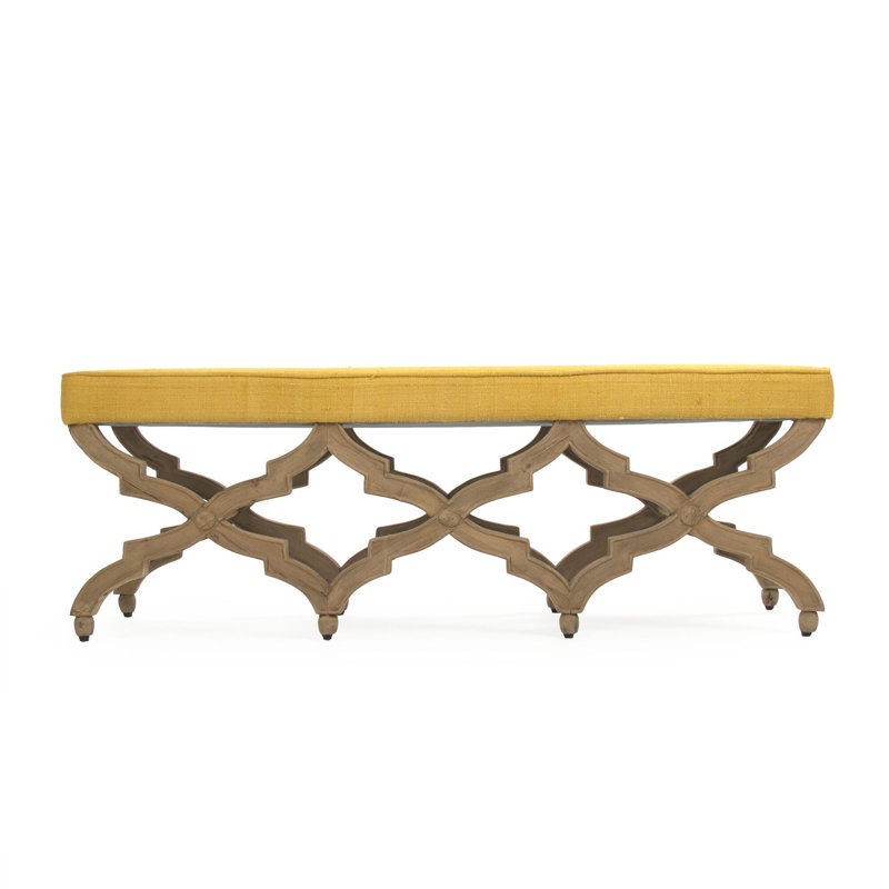 Ornate Cross-Legged Natural Finish Bench in Yellow Raw Silk