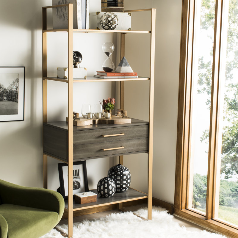 Contemporary Gold and Grey Oak Etagere with Storage Drawer