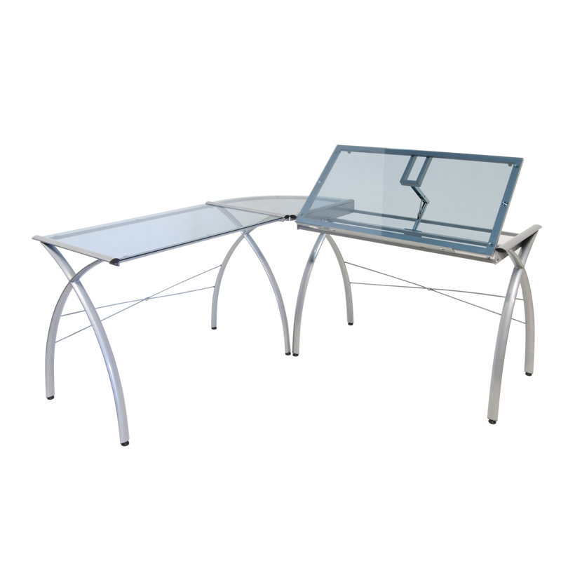 Futura L-Shaped Silver and Blue Glass Drafting Desk