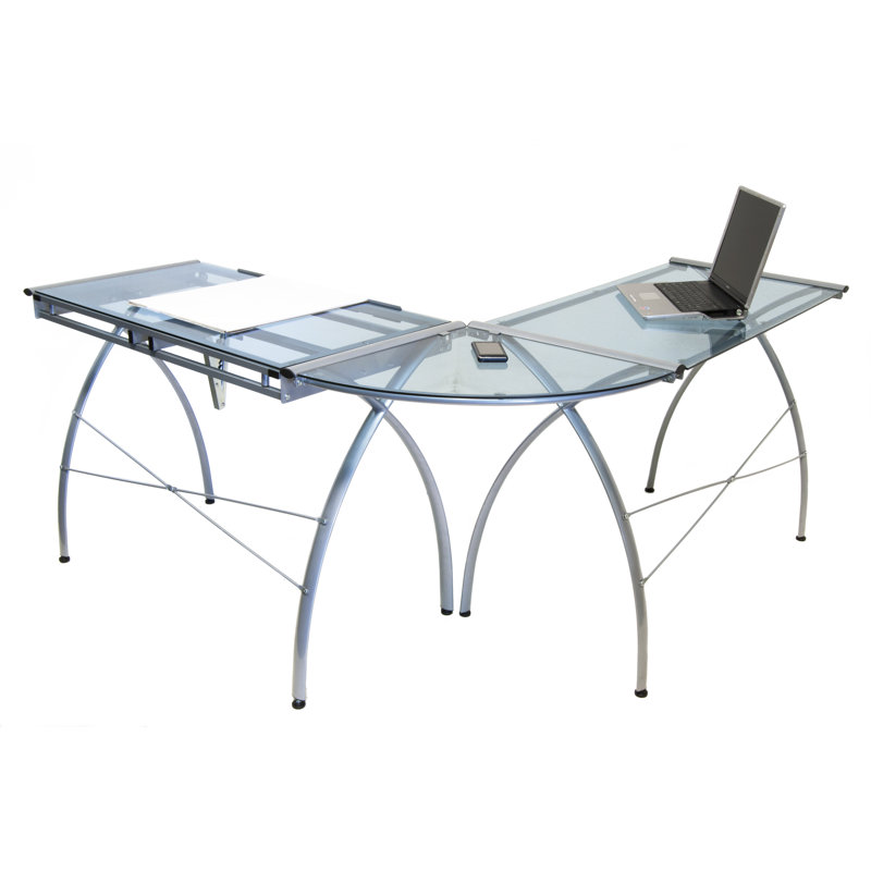 Futura L-Shaped Silver and Blue Glass Drafting Desk