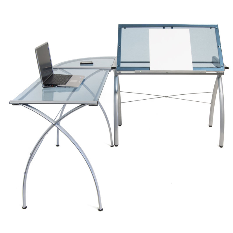 Futura L-Shaped Silver and Blue Glass Drafting Desk