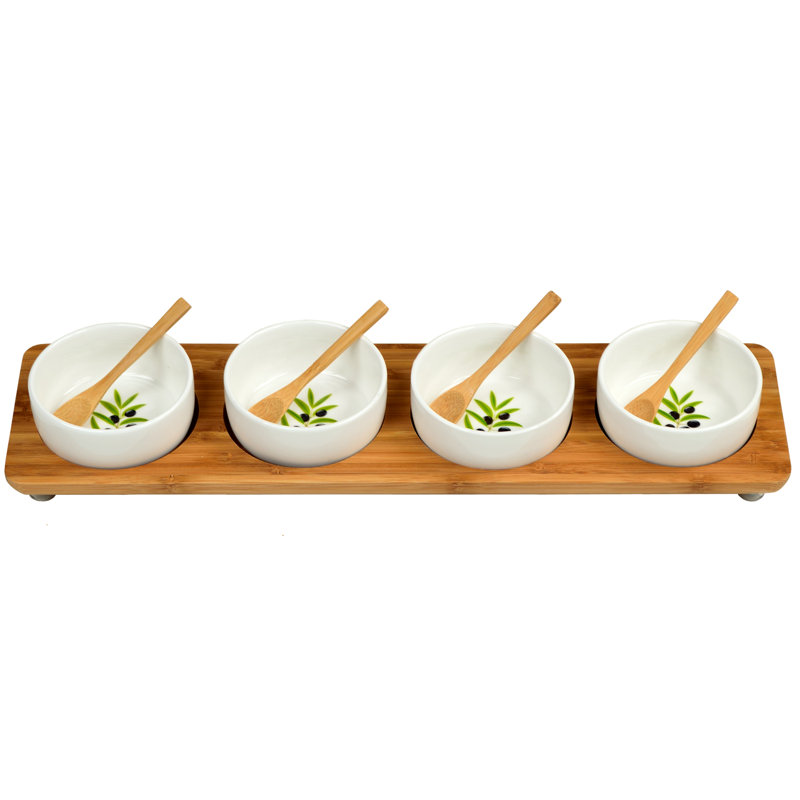 Bamboo Rectangular Serving Platter with Four Ceramic Bowls