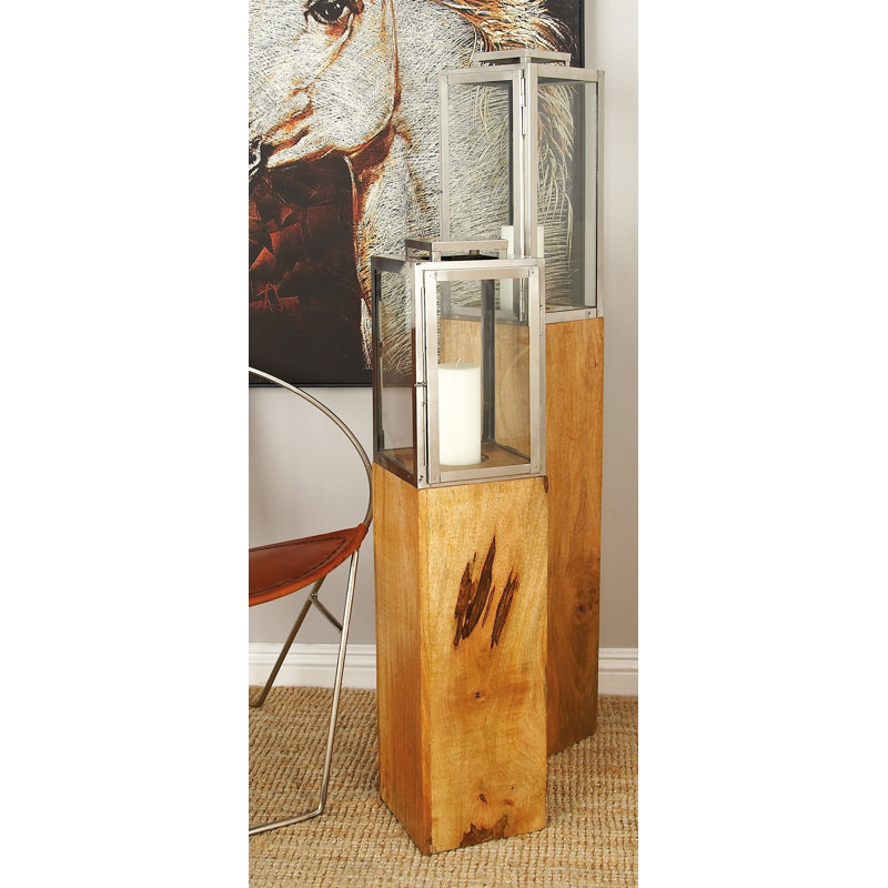 Brown Mango Wood and Glass Hanging Candle Lantern