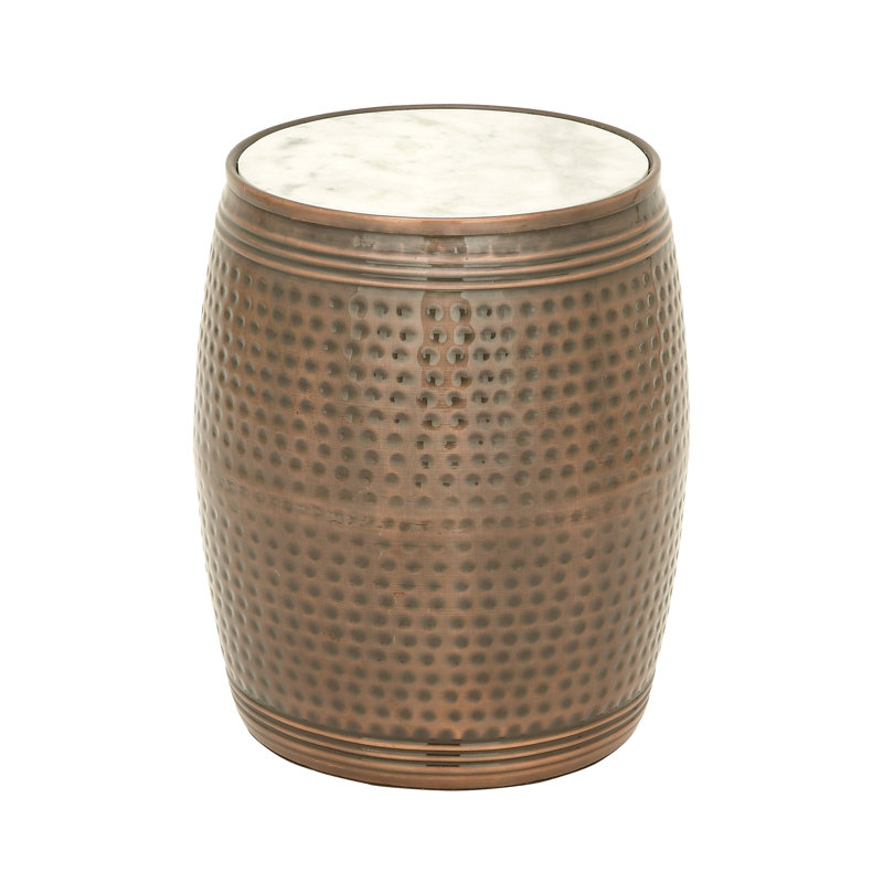 Copper Hammered Barrel Side Table with White Marble Top - 16"x19"
