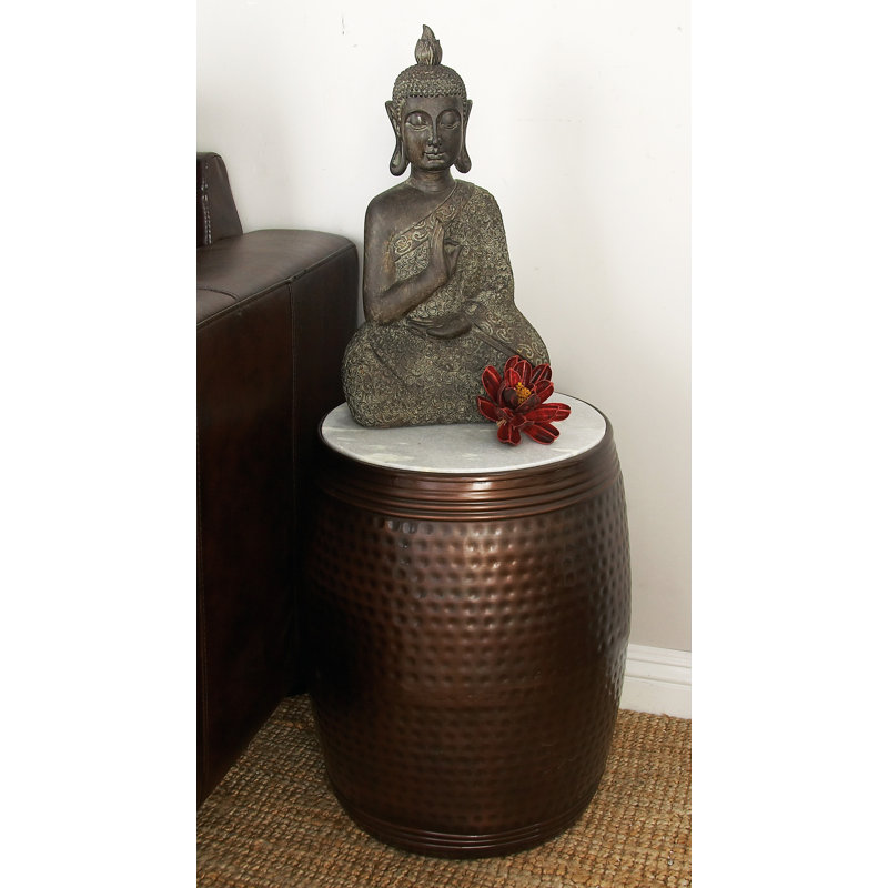 Copper Hammered Barrel Side Table with White Marble Top - 16"x19"