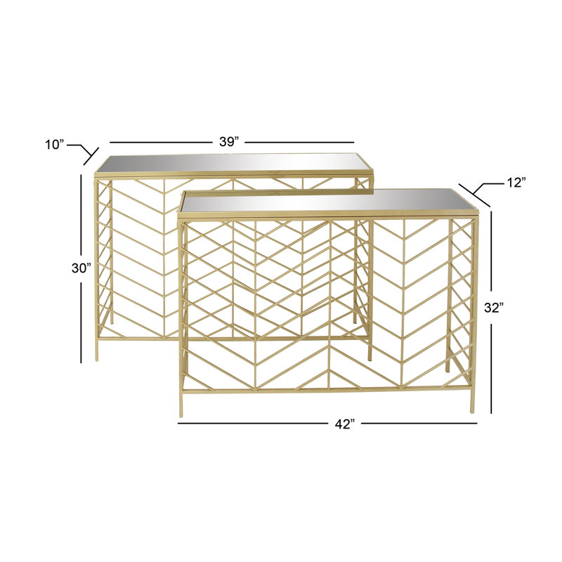 Elegant Gold Metal and Mirrored Glass Console Table Set, 42" and 39"W