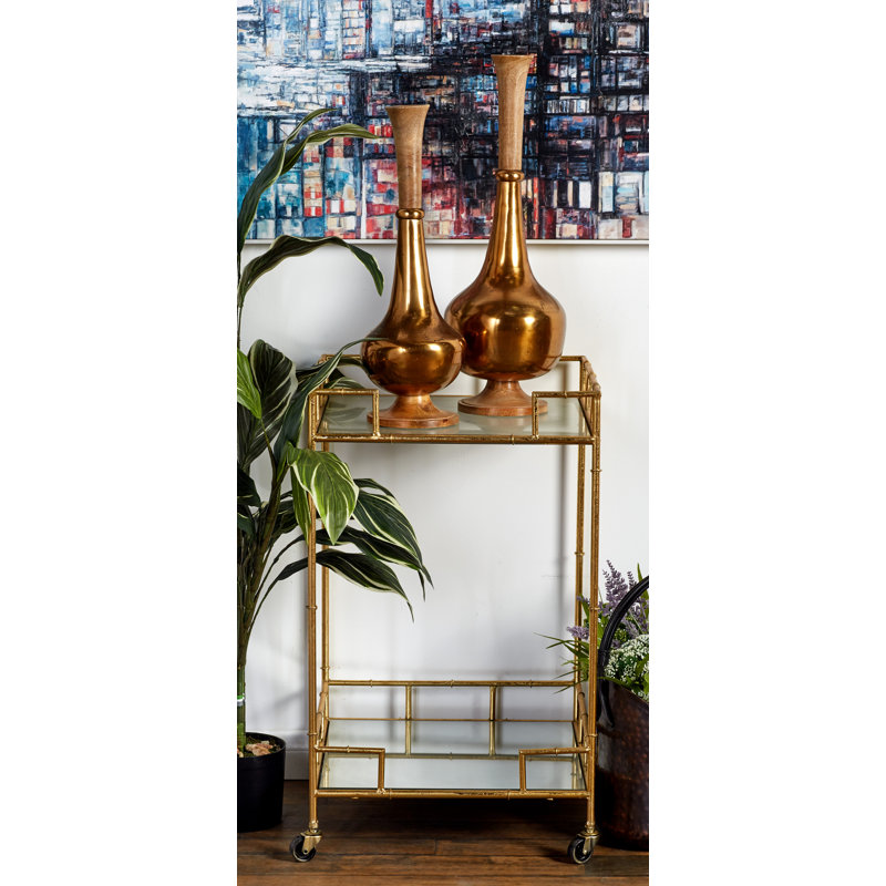 Gold Square Metal Bar Cart with Mirrored Shelves