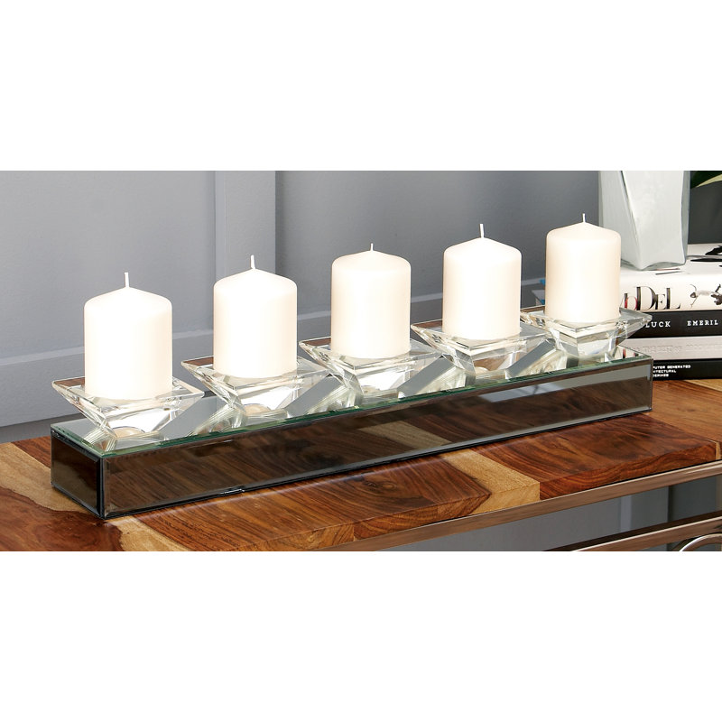Silver Mirrored Glass 5-Holder Tabletop Candelabra