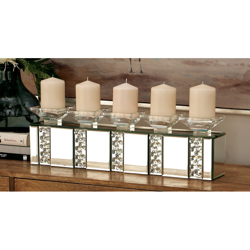 Elegant Silver Glass 24" Pillar Candelabra with Mirrored Accents