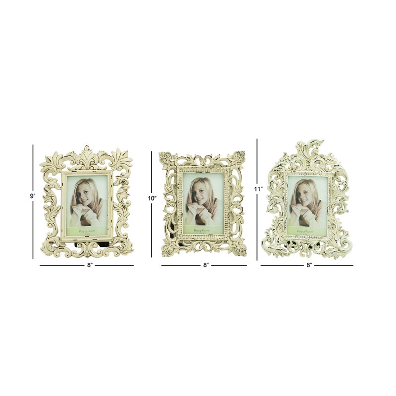 Distressed White Polystone Scrollwork Photo Frames Set of 3