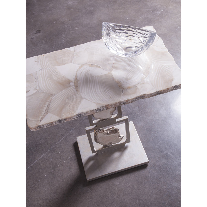 Transitional Silver Metal Rectangular Pedestal Table with Fossilized Clam Top