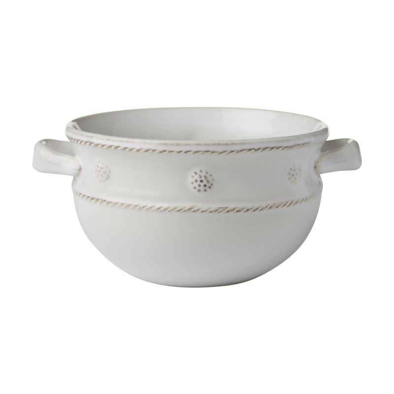 White Embossed Ceramic Handled Soup Bowl