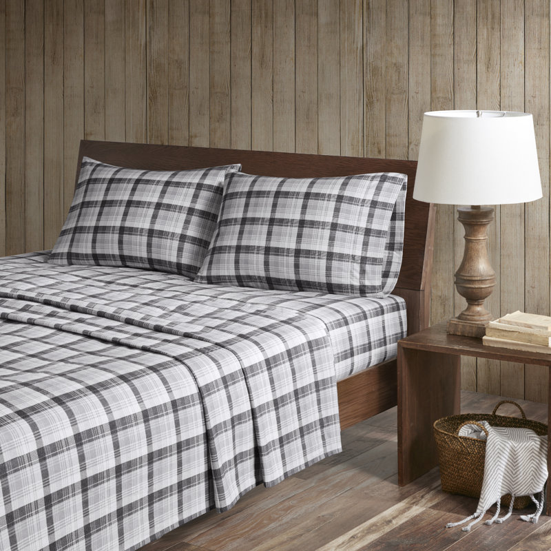 Queen Blue Plaid Cotton Flannel Sheet Set